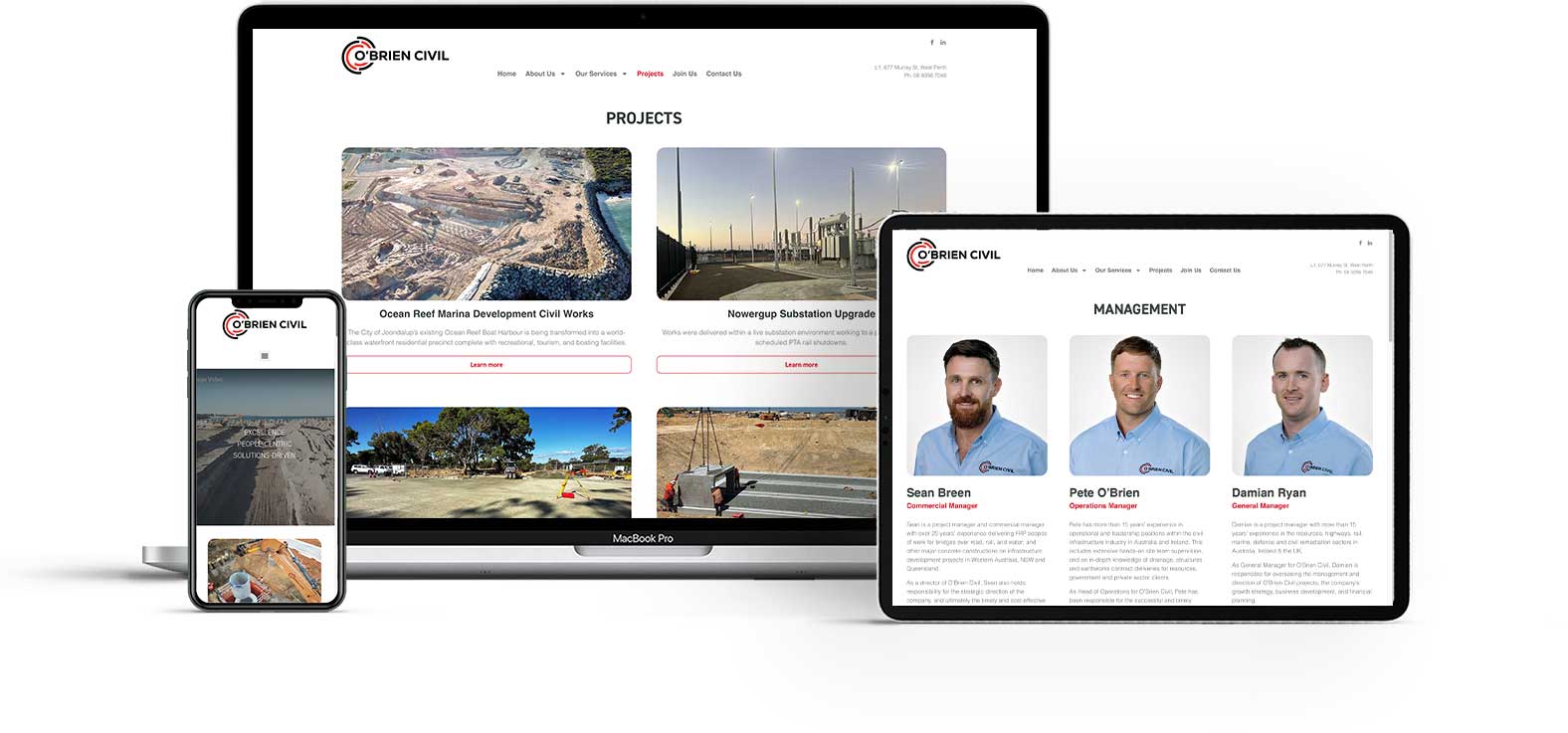 Mockup of O'Brien Civil website across multiple devices