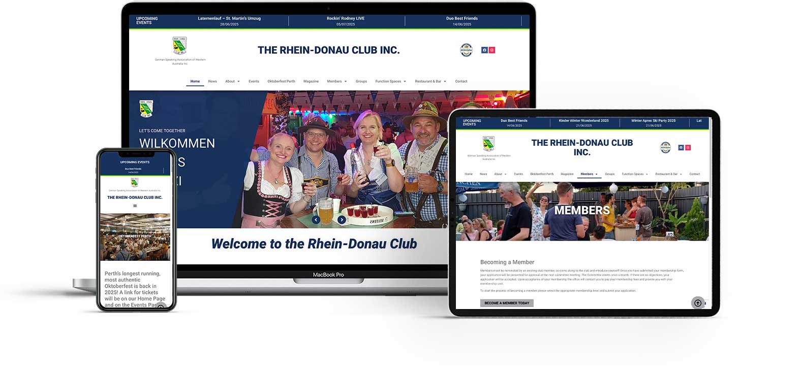 Mockup of the Rhein-Donau Club website across multiple devices